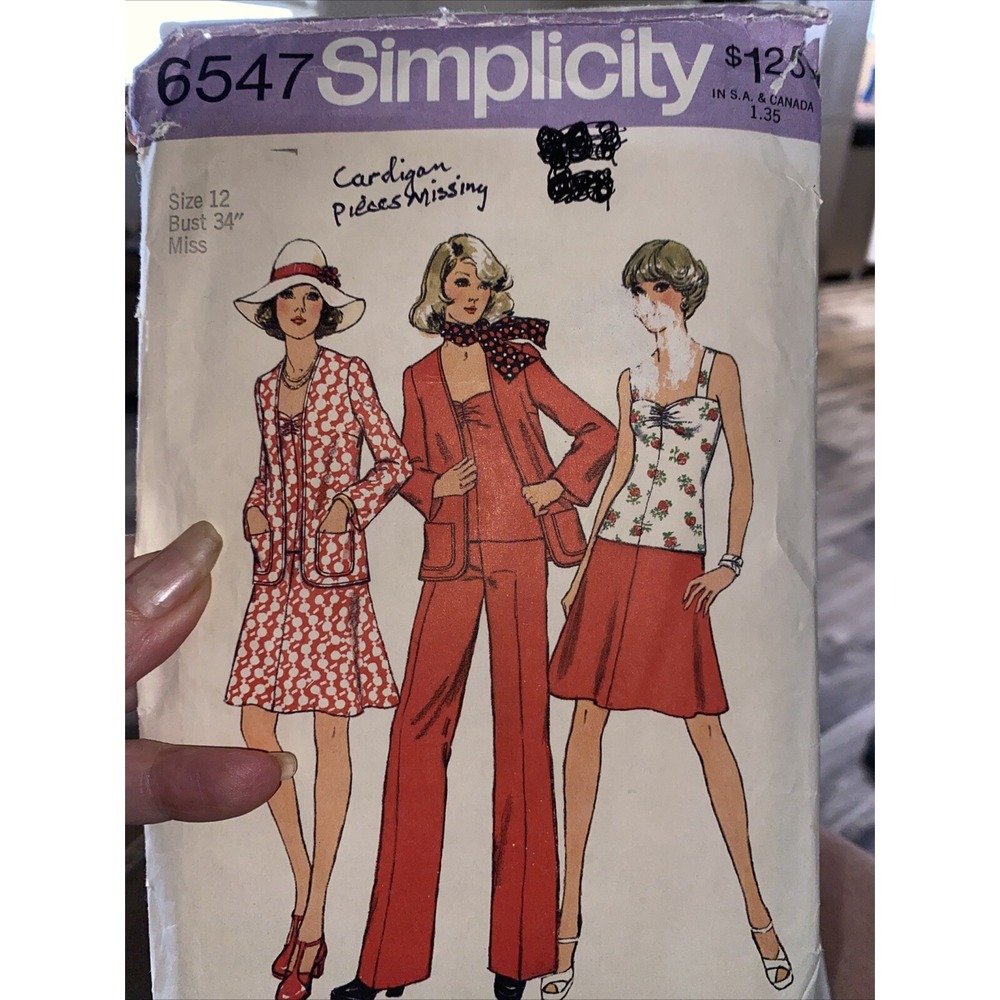 Simplicity 6547 Sewing Pattern Top Skirt Cardigan Pants Size 12 Vintage 1974